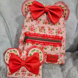 NWT - Loungefly Disney Pink & Red Roses Mini Backpack and Wallet Bundle